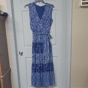 Ralph Lauren Black Label Blue Damask Floral Fully Lined Midi Dress 16